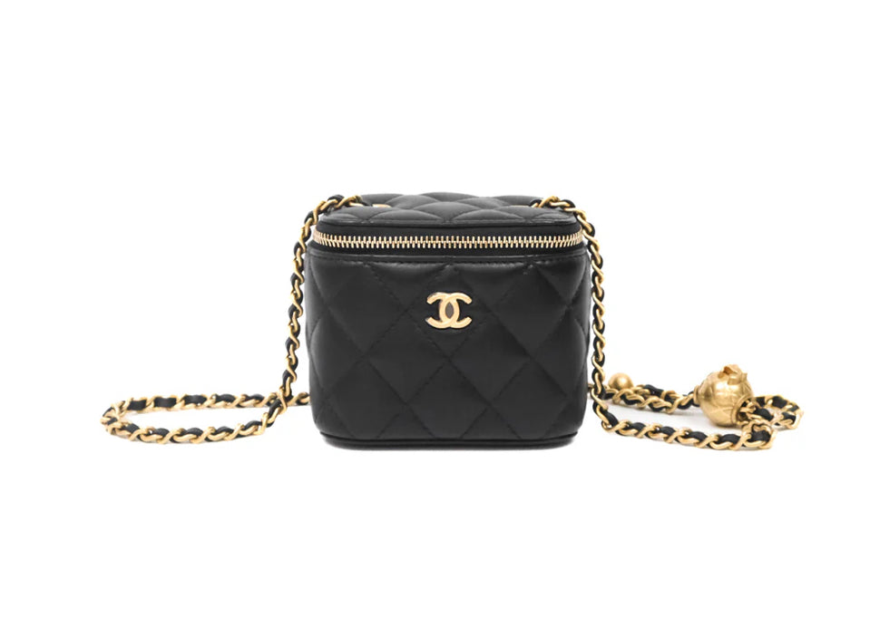 Chanel Mini Black Lambskin Vanity Pearl Crush With Chain Gold Hardware